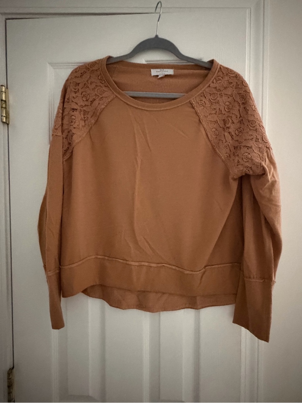 new directions Long Sleeve Lace Shoulder Pullover - Camel